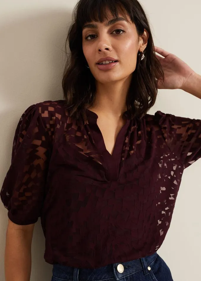 Phase Eight Cleo Checkered Burnout Top Burgundy Women Tops and TShirts