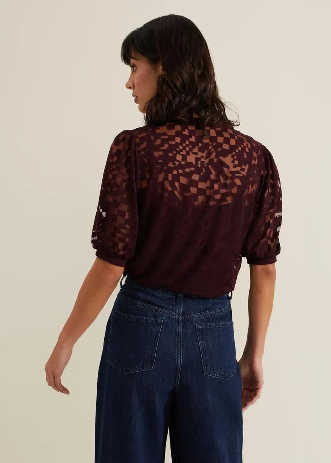 Phase Eight Cleo Checkered Burnout Top Burgundy Women Tops and TShirts