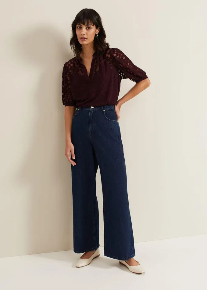 Phase Eight Cleo Checkered Burnout Top Burgundy Women Tops and TShirts