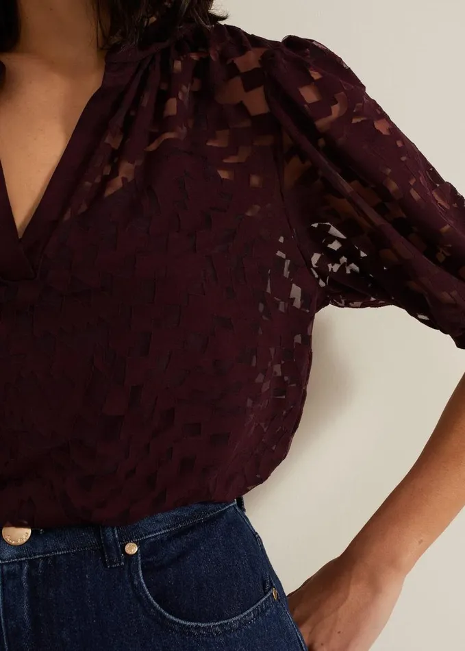 Phase Eight Cleo Checkered Burnout Top Burgundy Women Tops and TShirts
