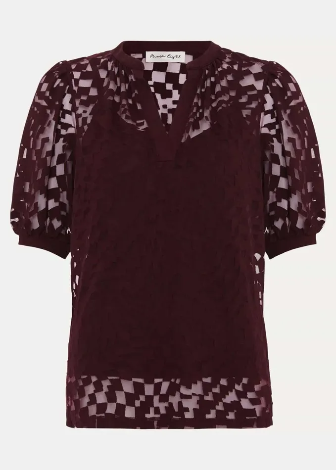 Phase Eight Cleo Checkered Burnout Top Burgundy Women Tops and TShirts