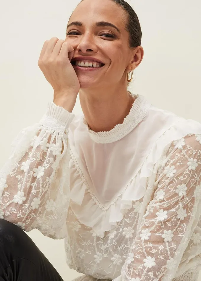 Phase Eight Coralina Embroidered Frill Blouse Oyster Women Shirts and Blouses