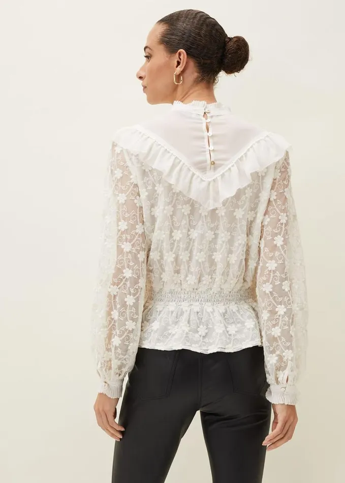Phase Eight Coralina Embroidered Frill Blouse Oyster Women Shirts and Blouses
