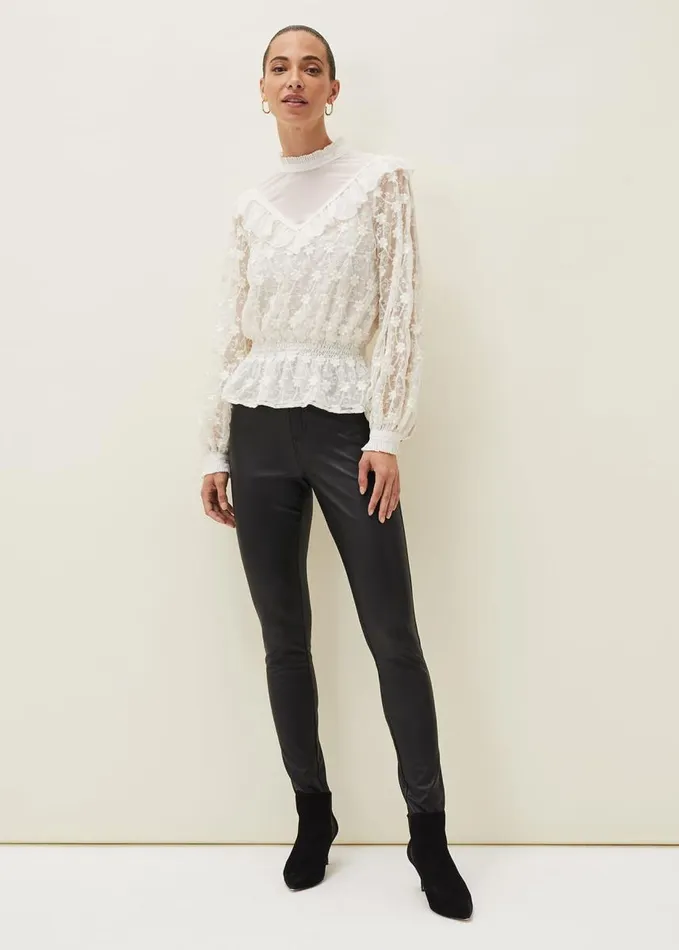Phase Eight Coralina Embroidered Frill Blouse Oyster Women Shirts and Blouses
