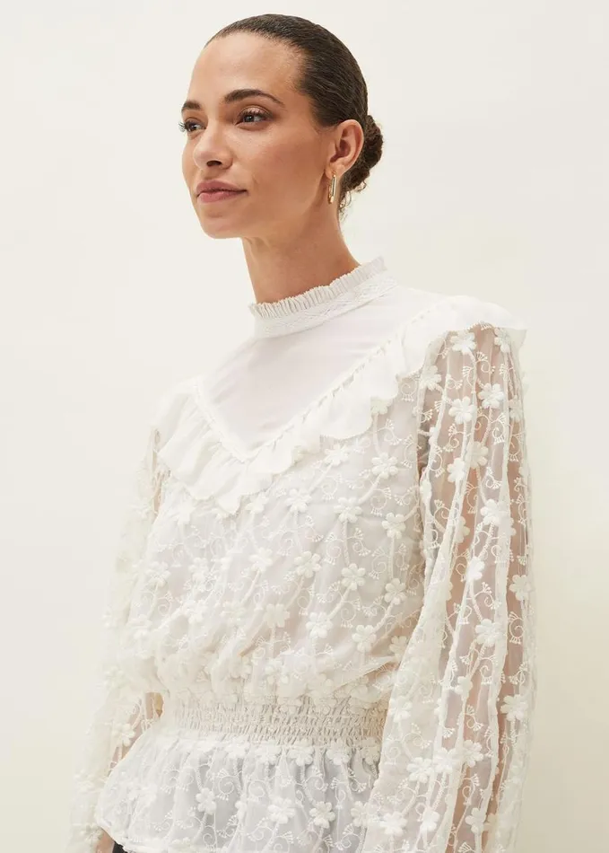 Phase Eight Coralina Embroidered Frill Blouse Oyster Women Shirts and Blouses