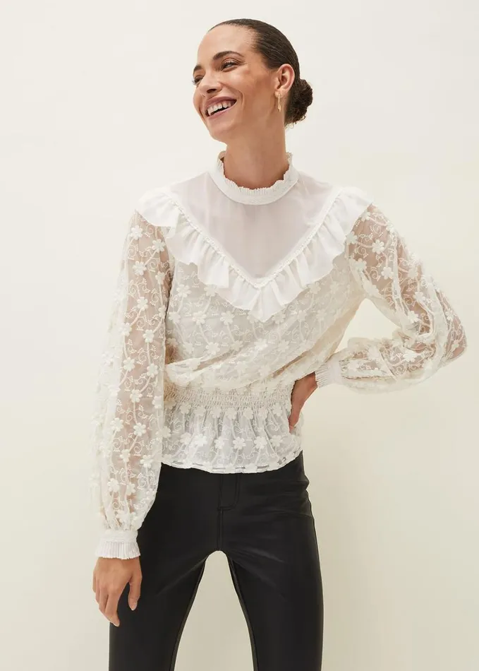 Phase Eight Coralina Embroidered Frill Blouse Oyster Women Shirts and Blouses