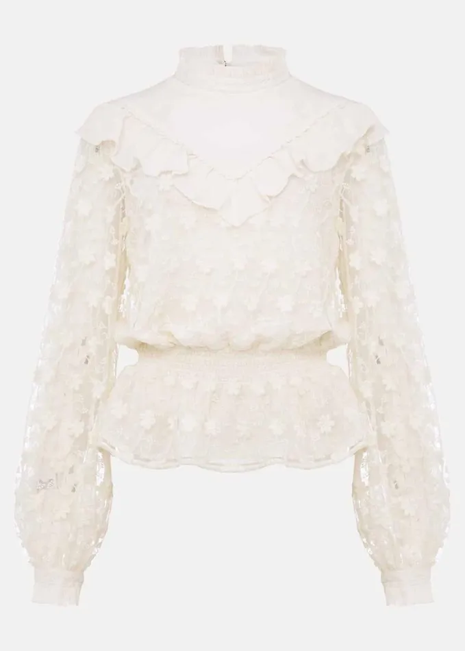 Phase Eight Coralina Embroidered Frill Blouse Oyster Women Shirts and Blouses