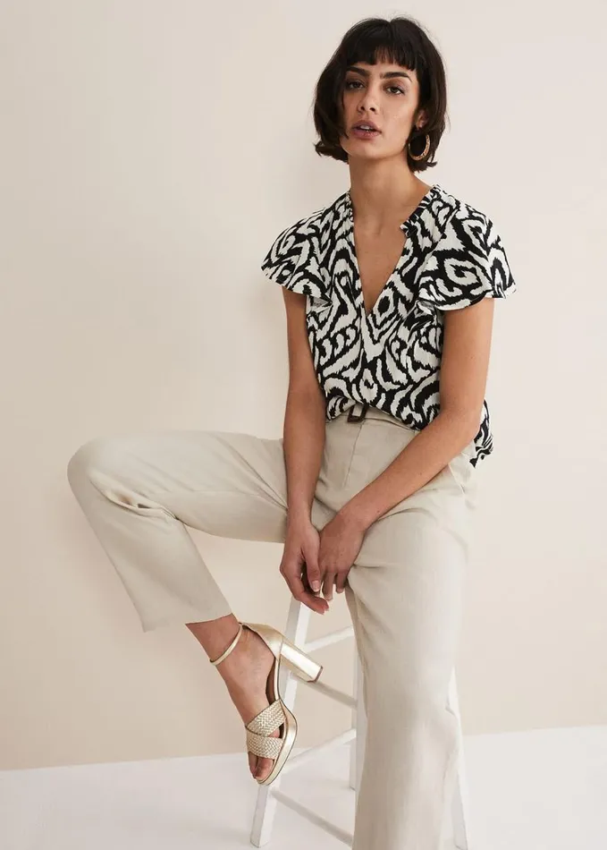 Phase Eight Dalia Ikat Ruffle Top Blackivory Women Tops and TShirts