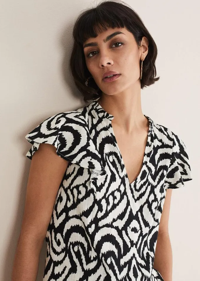 Phase Eight Dalia Ikat Ruffle Top Blackivory Women Tops and TShirts