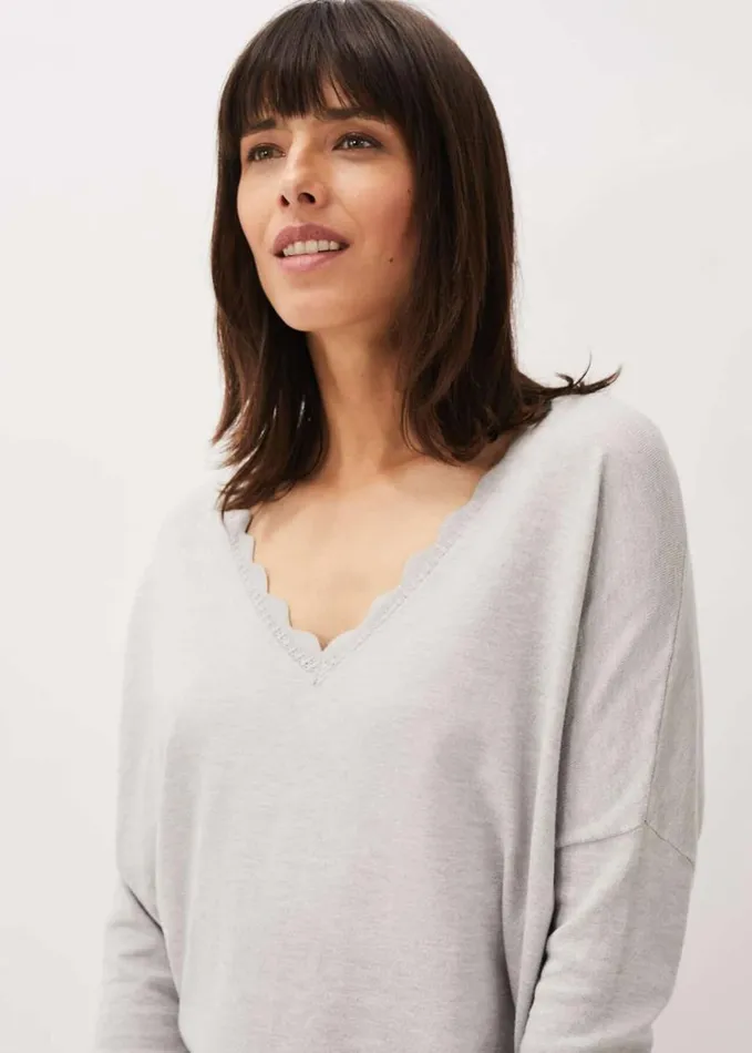 Phase Eight Dua Fine Knit VNeck Jumper Grey Marl Women Knitwear