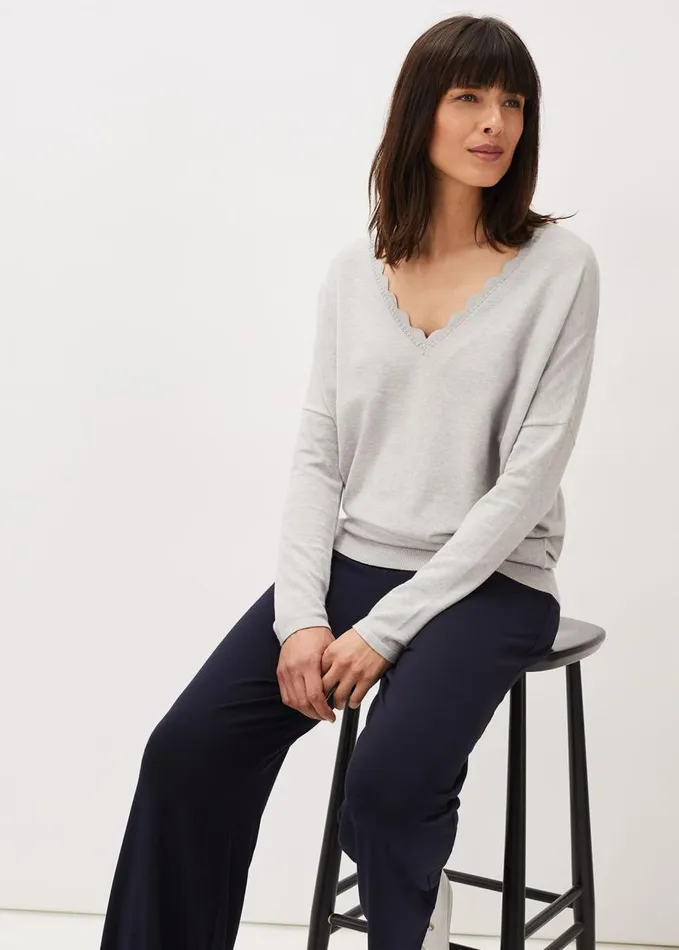 Phase Eight Dua Fine Knit VNeck Jumper Grey Marl Women Knitwear