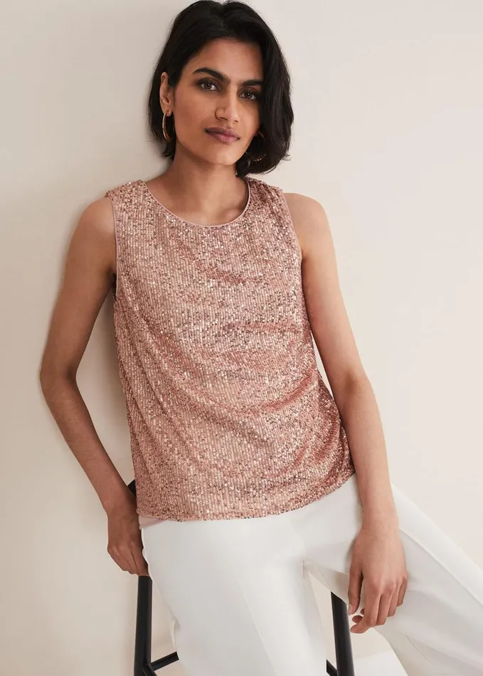 Phase Eight Dulcie Sequin Top Soft Pink Women Shirts and Blouses