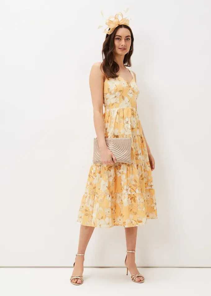 Phase Eight Elaina Cotton Floral Tiered Midi Dress Yellowmulti Women Dresses