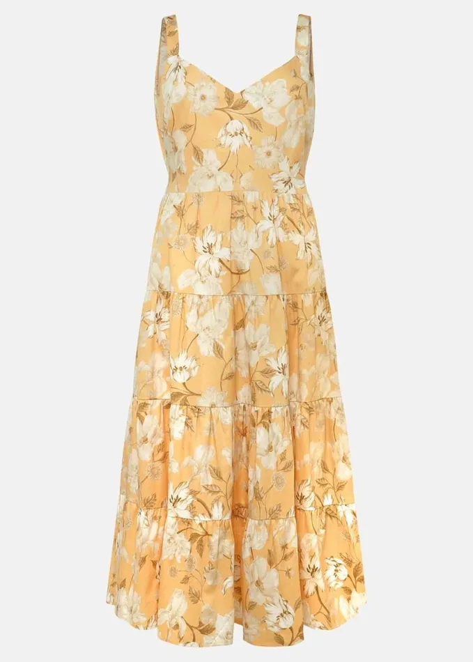 Phase Eight Elaina Cotton Floral Tiered Midi Dress Yellowmulti Women Dresses