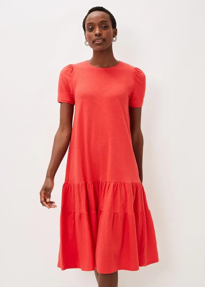 Phase Eight Elizebeth Cotton Tiered Midi Dress Chilli Red Women Dresses