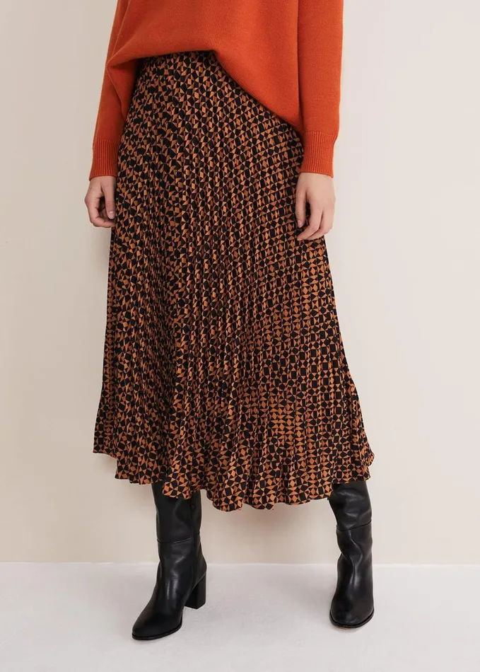 Phase Eight Elmina Pleated Geo Print Midi Skirt Orangeblack Women Skirts