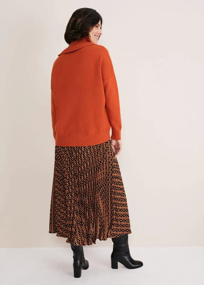 Phase Eight Elmina Pleated Geo Print Midi Skirt Orangeblack Women Skirts
