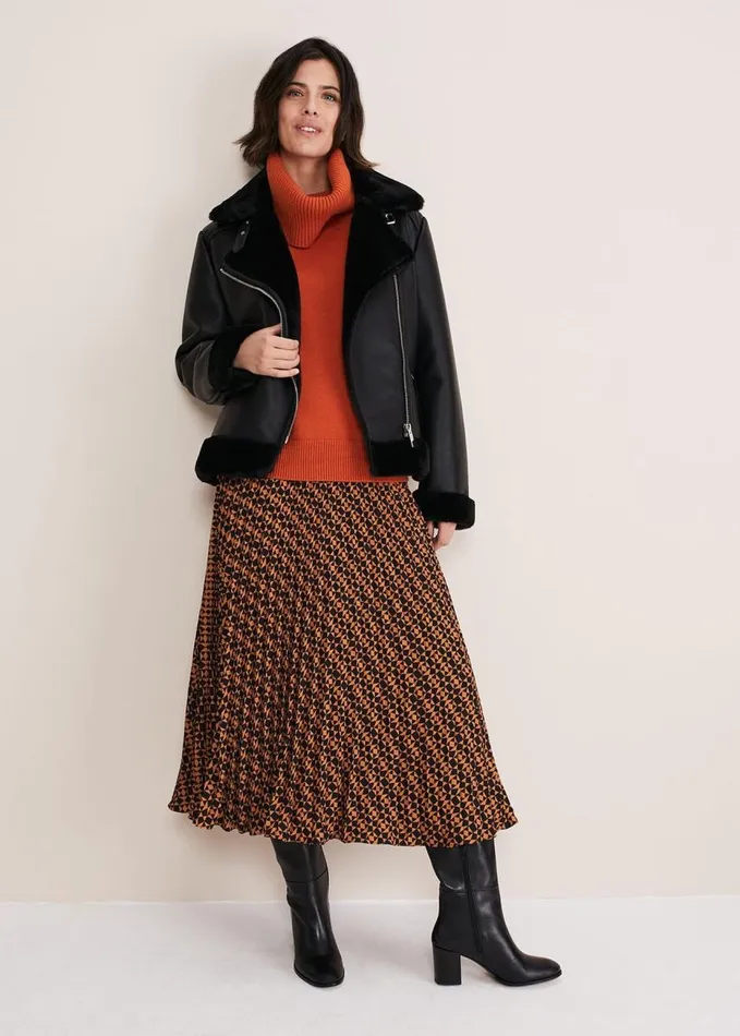 Phase Eight Elmina Pleated Geo Print Midi Skirt Orangeblack Women Skirts