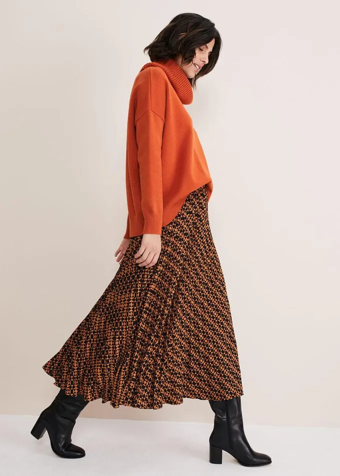 Phase Eight Elmina Pleated Geo Print Midi Skirt Orangeblack Women Skirts