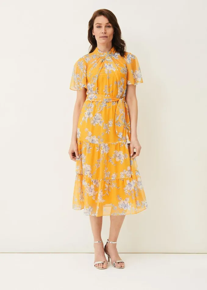 Phase Eight Emmalyn Tiered Georgette Dress Canary Women Dresses