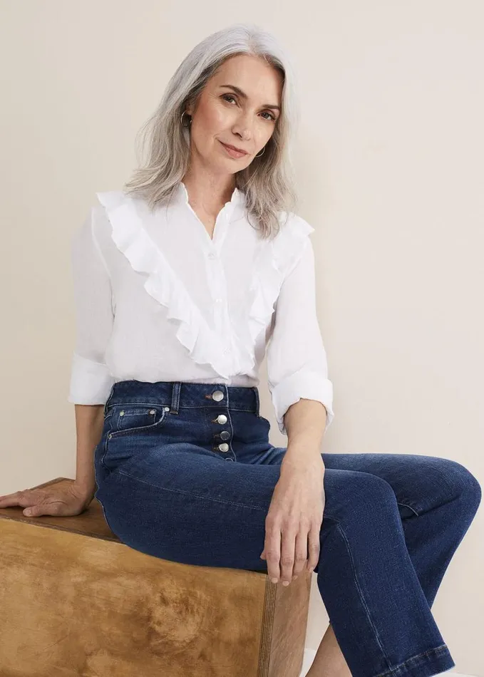 Phase Eight Enid Frill Front Linen Blouse White Women Shirts and Blouses