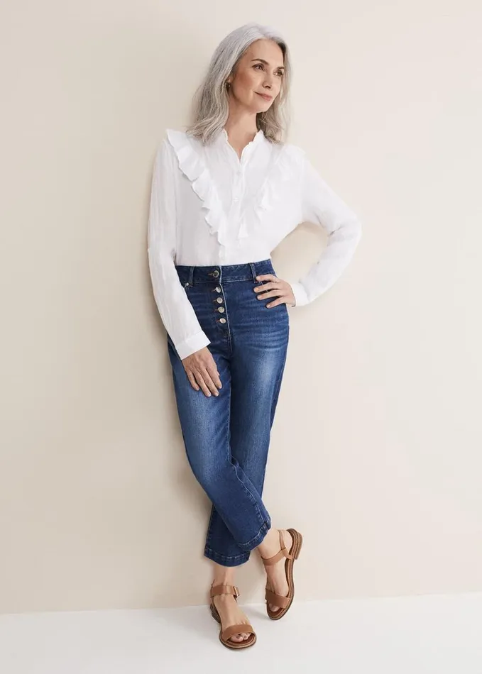 Phase Eight Enid Frill Front Linen Blouse White Women Shirts and Blouses