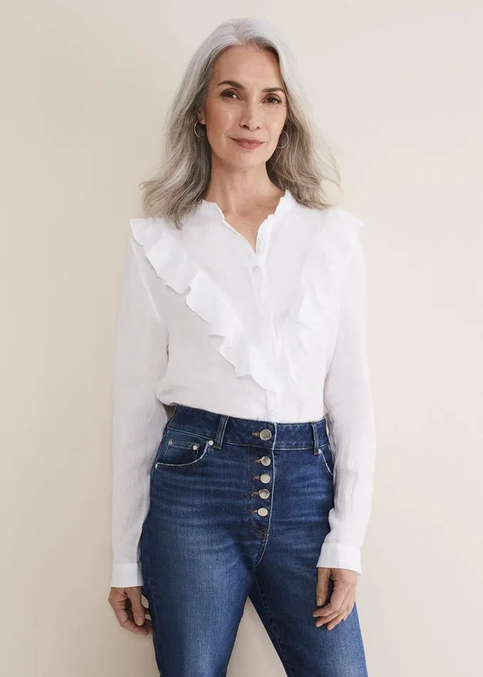 Phase Eight Enid Frill Front Linen Blouse White Women Shirts and Blouses