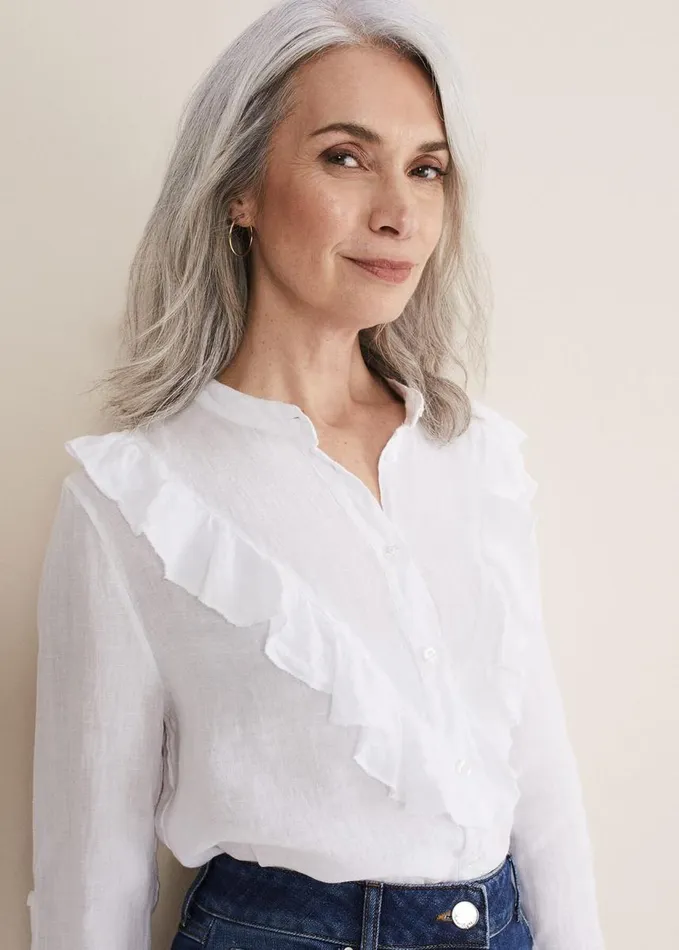 Phase Eight Enid Frill Front Linen Blouse White Women Shirts and Blouses