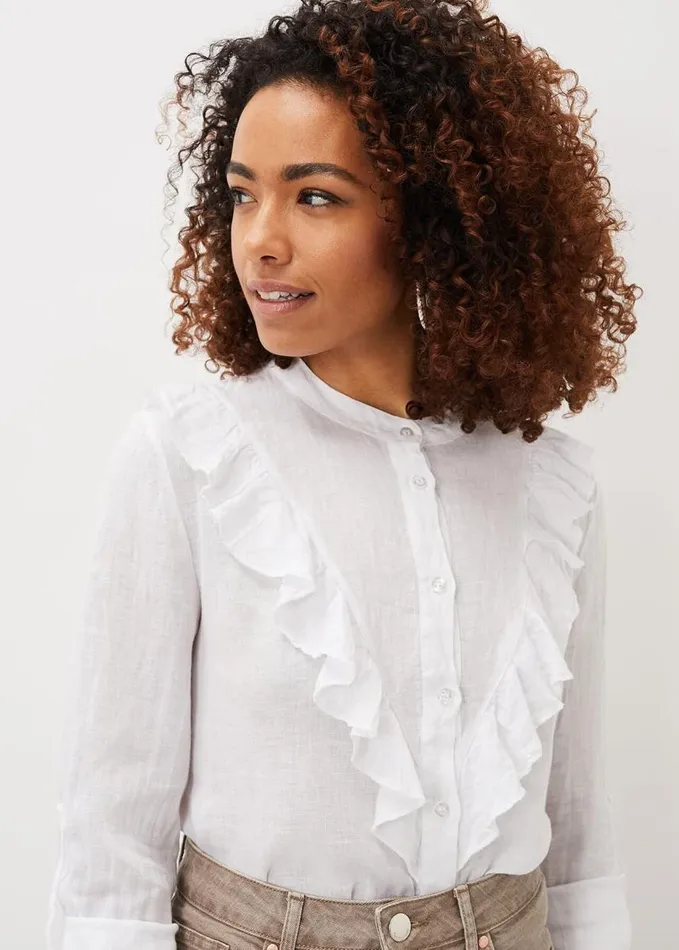 Phase Eight Enid Frill Front Linen Blouse White Women Shirts and Blouses