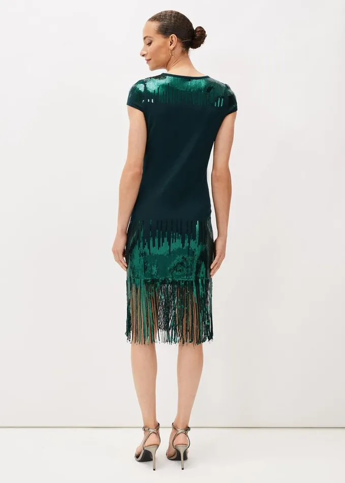 Phase Eight Ferne Sequin Fringe Knitted Dress Petrol Women Dresses