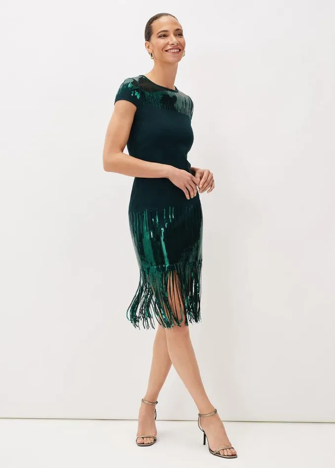 Phase Eight Ferne Sequin Fringe Knitted Dress Petrol Women Dresses