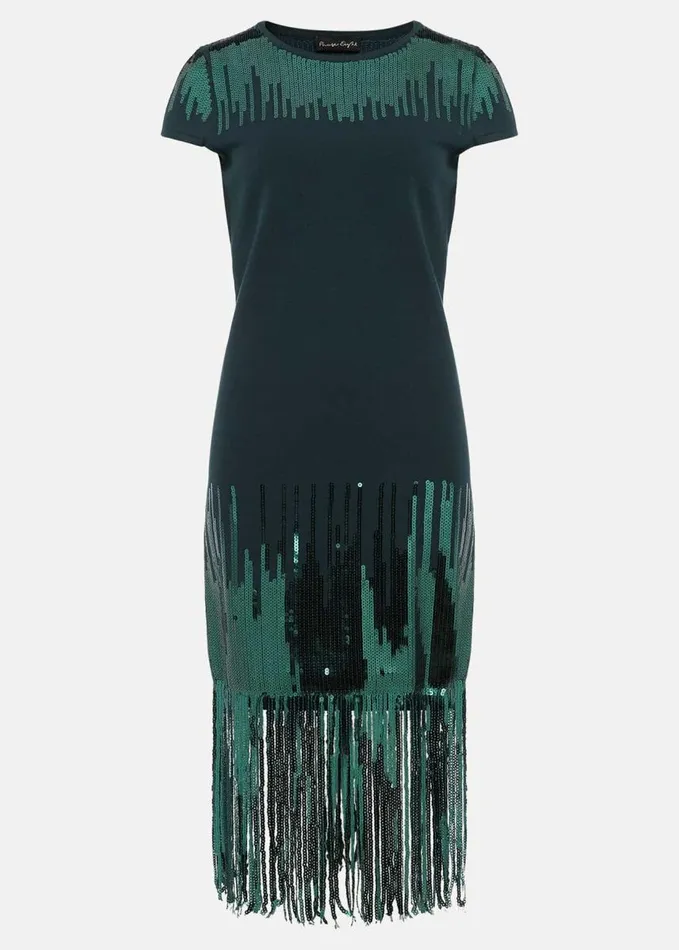 Phase Eight Ferne Sequin Fringe Knitted Dress Petrol Women Dresses