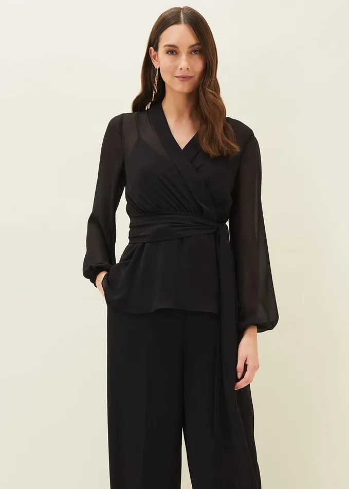 Phase Eight Florentine SemiSheer Wrap Top Black Women Shirts and Blouses