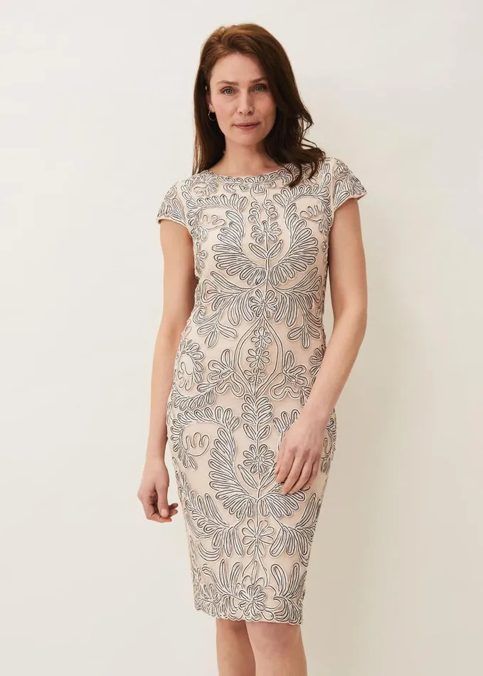 Phase Eight Genevieve Tapework Lace Dress Oysternavy Women Dresses