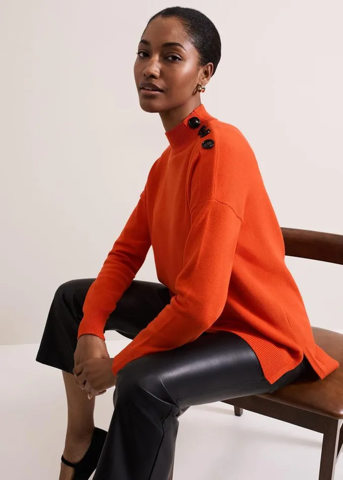 Phase Eight Holly Button Neck Jumper Orange Women Knitwear
