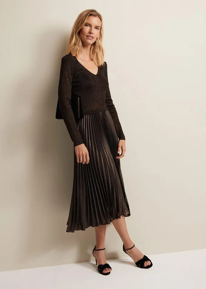 Phase Eight Isla Metallic Pleated Knitted Dress Bronze Women Dresses