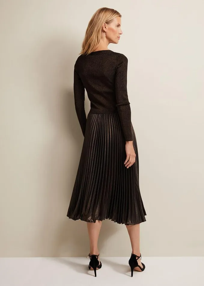 Phase Eight Isla Metallic Pleated Knitted Dress Bronze Women Dresses