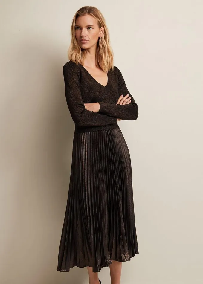 Phase Eight Isla Metallic Pleated Knitted Dress Bronze Women Dresses