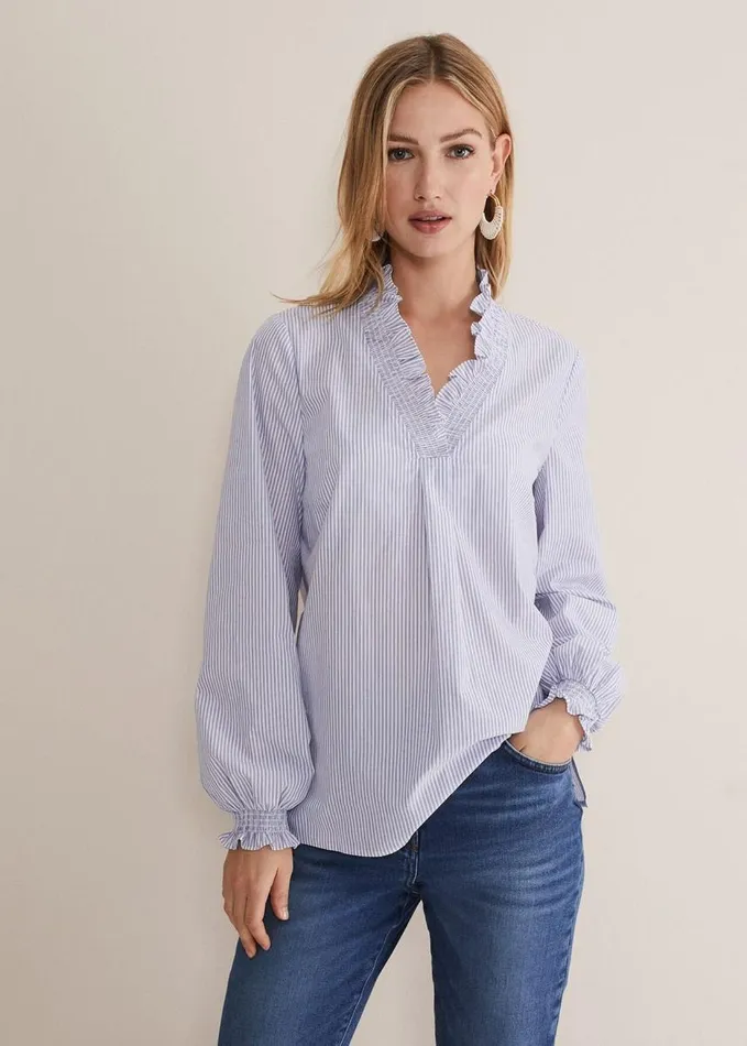 Phase Eight Izara Cotton Striped Ruffle Top Bluewhite Women Shirts and Blouses