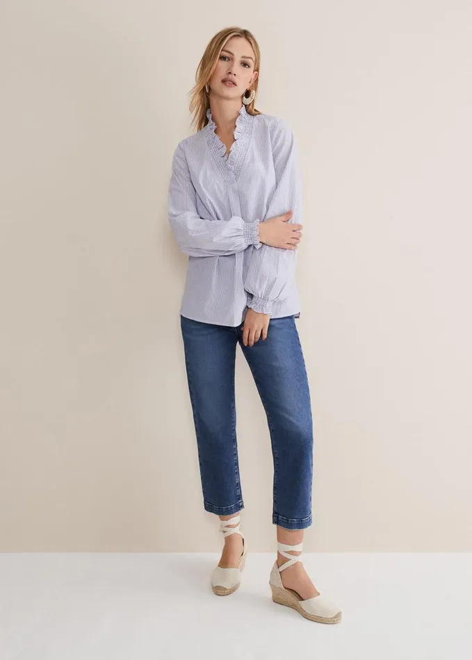 Phase Eight Izara Cotton Striped Ruffle Top Bluewhite Women Shirts and Blouses