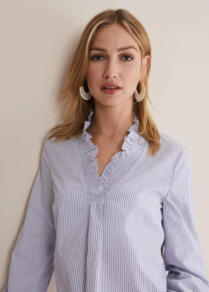 Phase Eight Izara Cotton Striped Ruffle Top Bluewhite Women Shirts and Blouses