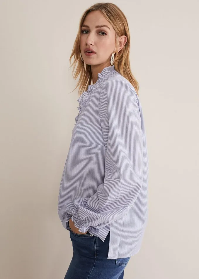 Phase Eight Izara Cotton Striped Ruffle Top Bluewhite Women Shirts and Blouses