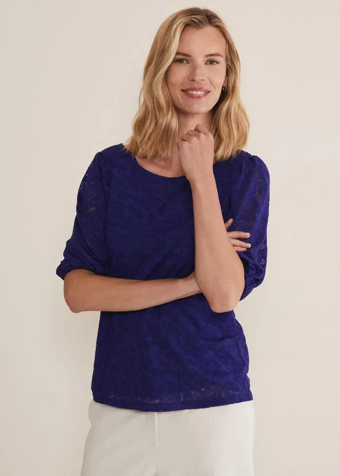 Phase Eight Jaeda Leaf Print Burnout Top Purple Women Tops and TShirts