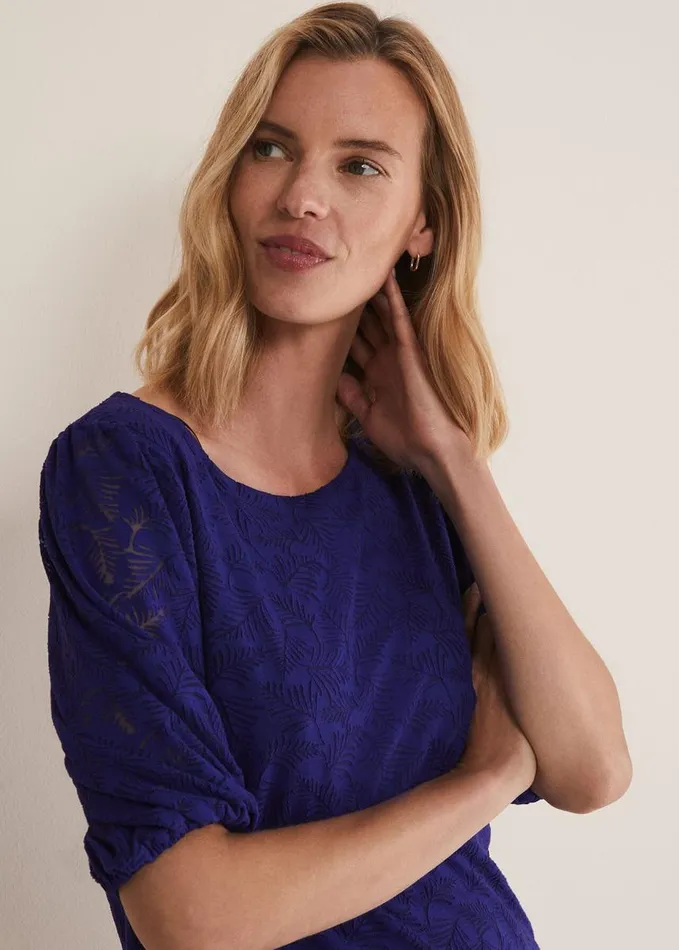 Phase Eight Jaeda Leaf Print Burnout Top Purple Women Tops and TShirts