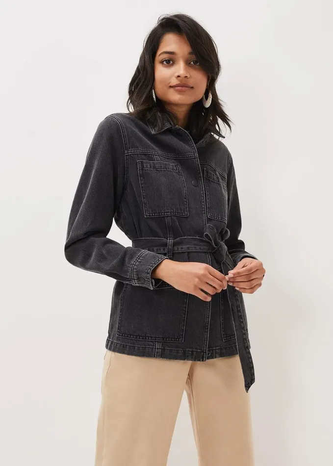 Phase Eight Jannah Denim Belted Shacket Washed Black Women Jackets