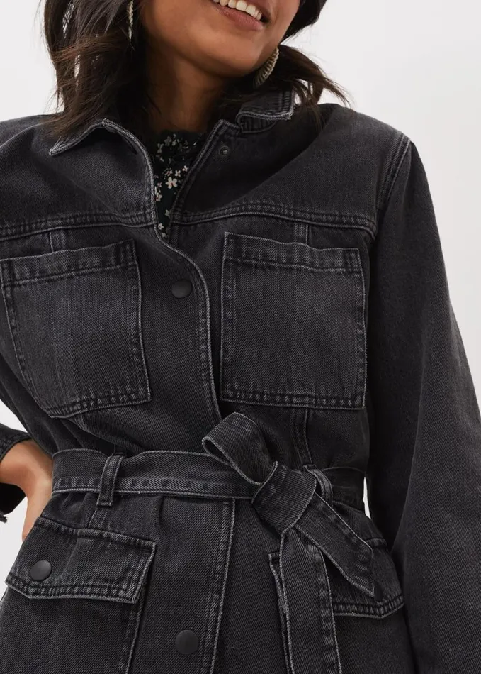 Phase Eight Jannah Denim Belted Shacket Washed Black Women Jackets