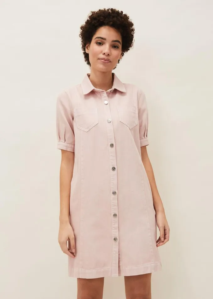 Phase Eight Kiah Puff Sleeve Denim Dress Pale Pink Women Dresses