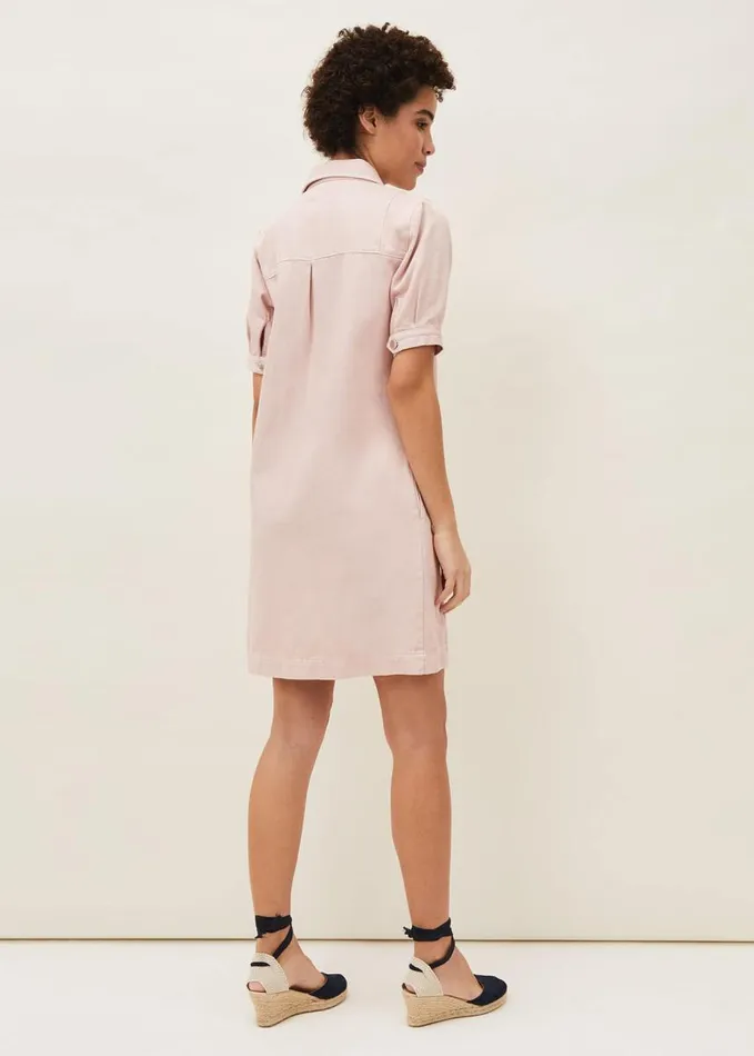 Phase Eight Kiah Puff Sleeve Denim Dress Pale Pink Women Dresses