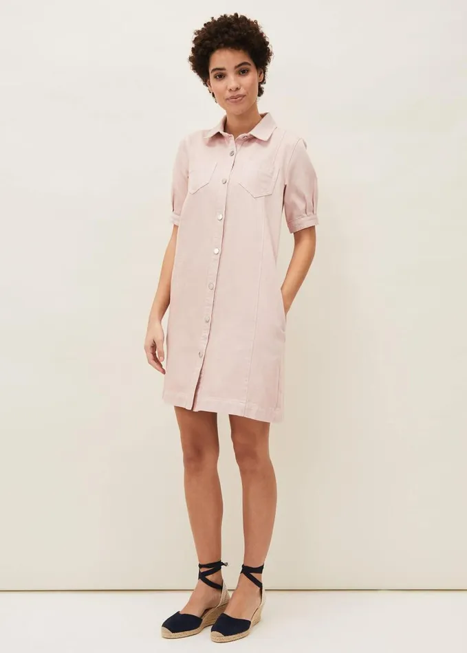 Phase Eight Kiah Puff Sleeve Denim Dress Pale Pink Women Dresses