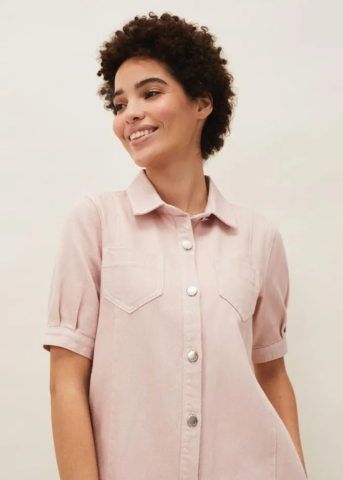 Phase Eight Kiah Puff Sleeve Denim Dress Pale Pink Women Dresses